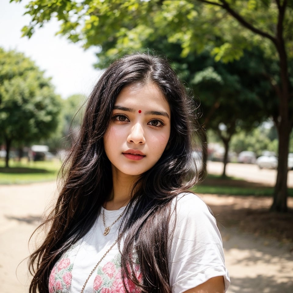 beautiful cute young attractive indian teenage girl, morden girl, 25 years old, cute,  Instagram model, long black_hair, colorful hair, warm, dacing, standing under a big beautiful tree just behind her and give nice pose