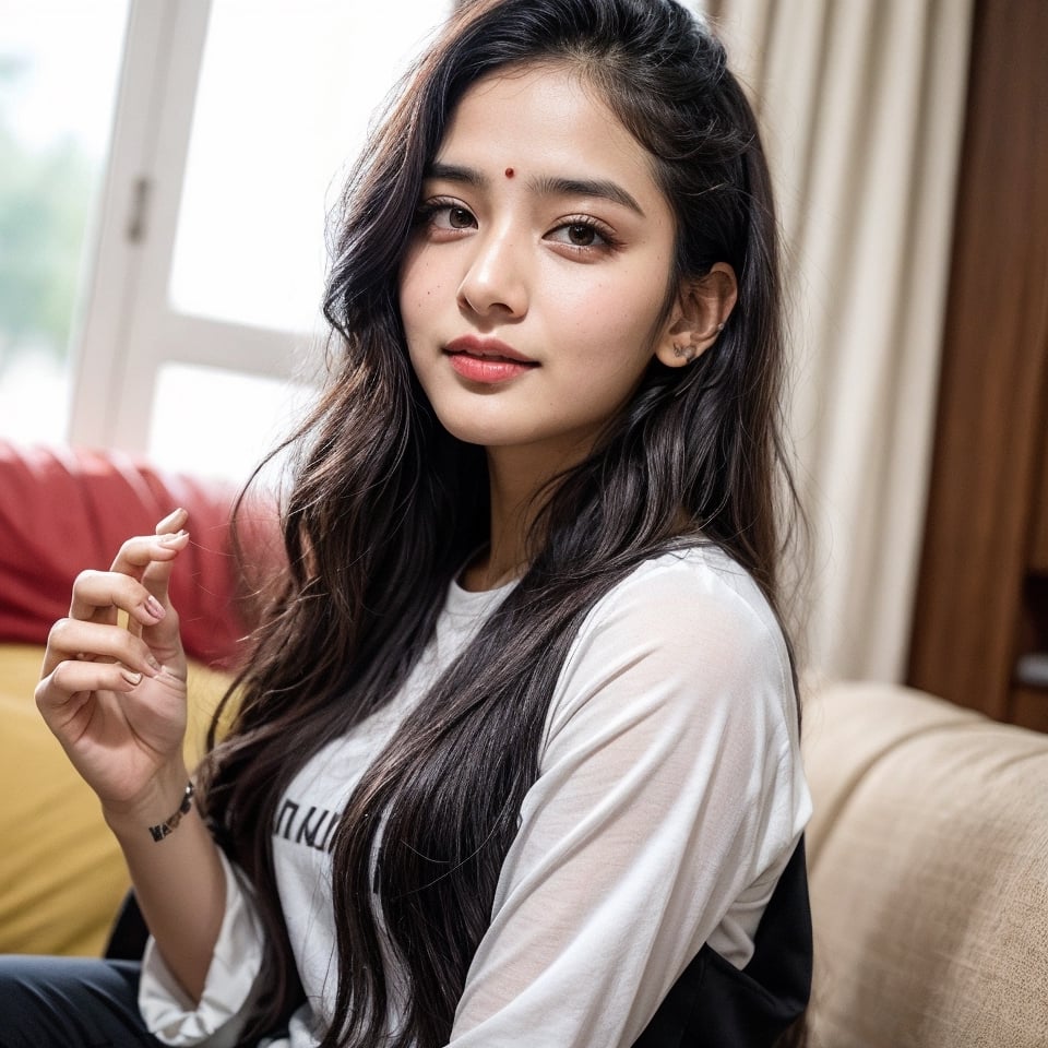 beautiful cute young attractive indian teenage girl, morden girl, 25 years old, cute,  Instagram model, long black_hair, colorful hair, warm, dacing, playing around at home