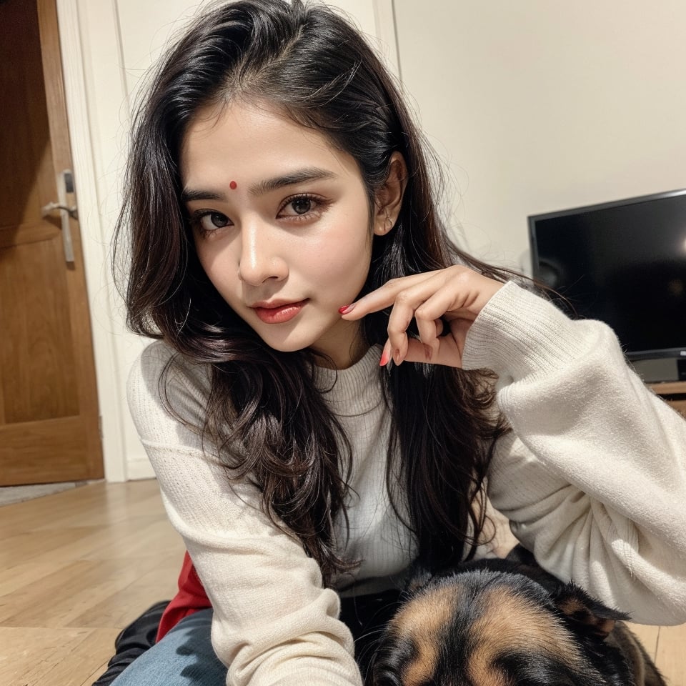 beautiful cute young attractive indian teenage girl, morden girl, 25 years old, cute,  Instagram model, long black_hair, colorful hair, warm, dacing, playing around at home with dog