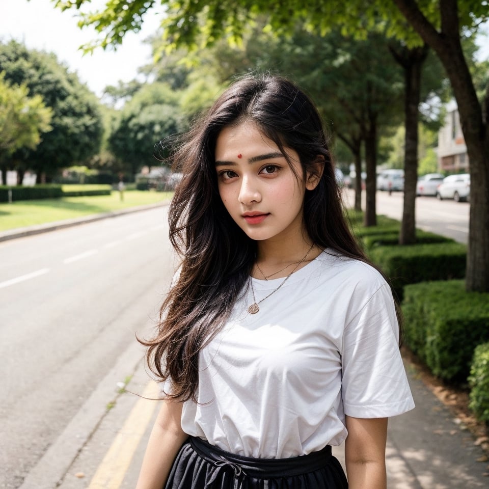 beautiful cute young attractive indian teenage girl, morden girl, 25 years old, cute,  Instagram model, long black_hair, colorful hair, warm, dacing, standing under the beautiful tree and give nice pose