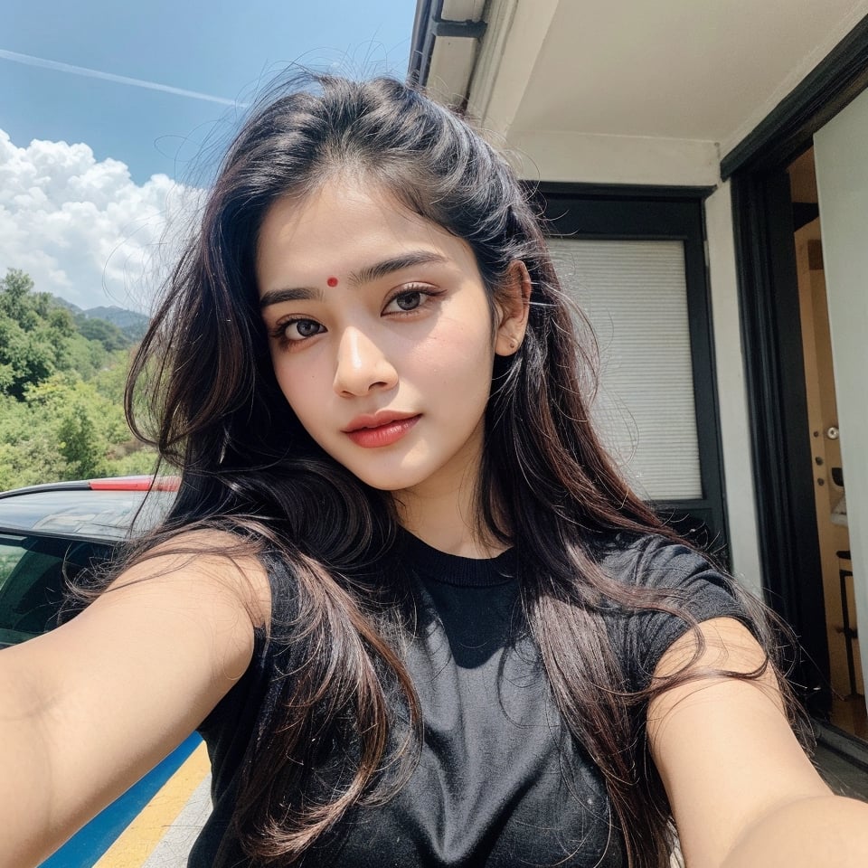beautiful cute young attractive indian teenage girl, morden girl, 25 years old, cute,  Instagram model, long black_hair, colorful hair, warm, dacing, playing around at home with beautiful background pic
