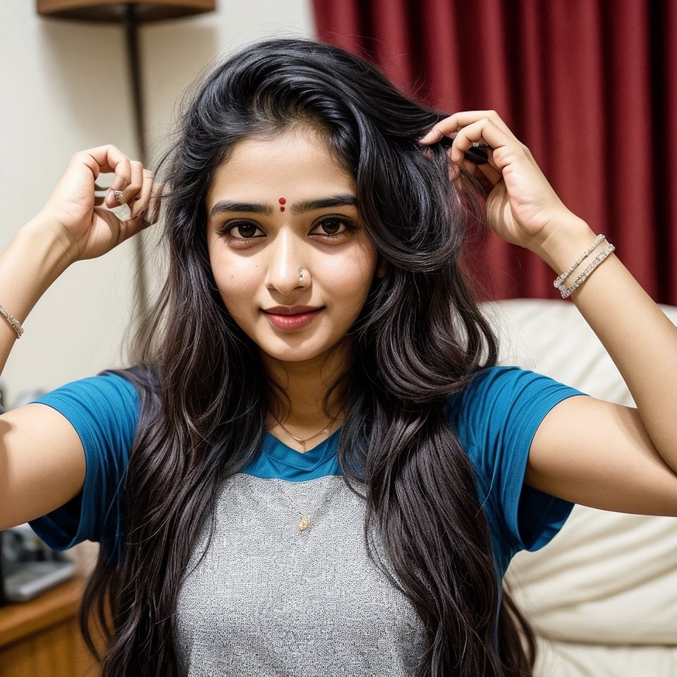 beautiful cute young attractive indian teenage girl, morden girl, 25 years old, cute,  Instagram model, long black_hair, colorful hair, warm, dacing, playing around in home