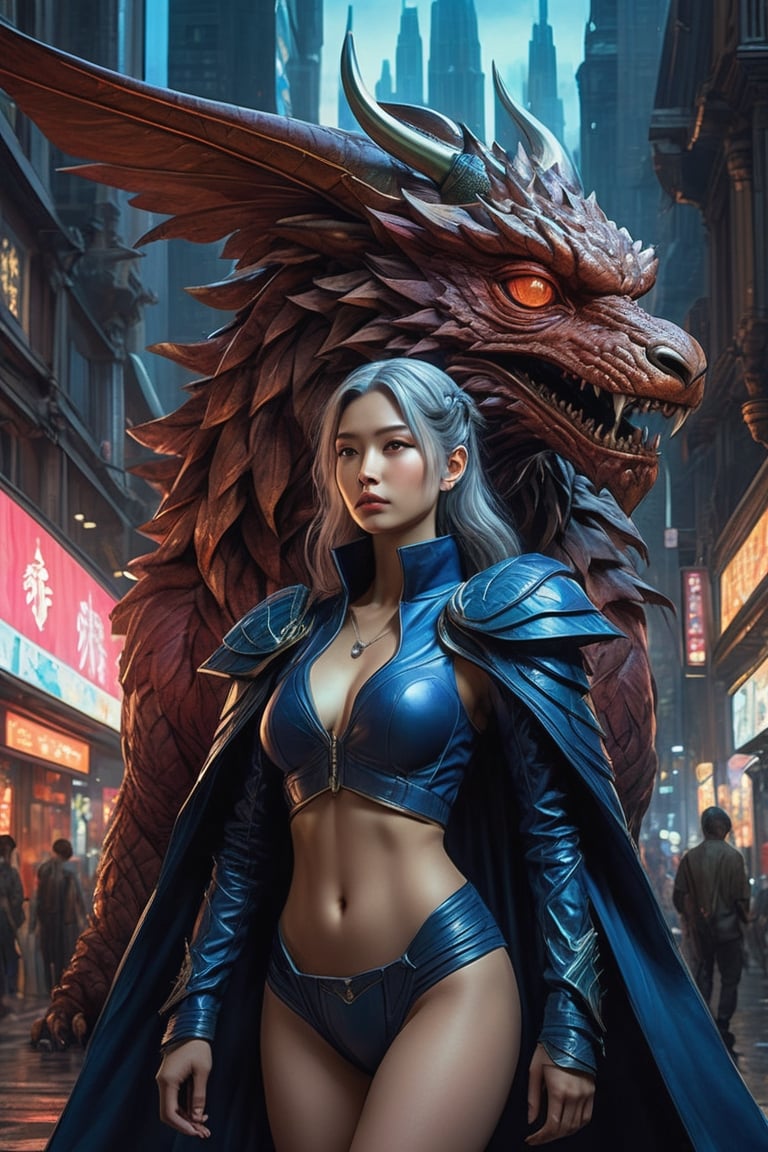 (best quality,4k,highres),(realistic,photorealistic:1.37),(Yoshitaka Amano style:1.1), A latin woman and her guardian familiar, mystical creature,otherworldly creature,kaiju-like,enchanting companions,wearing stylish futuristic clothes,inspired by Phantasy Star Online, dynamic poses, (The woman, with her eyes brightly colored, no makeup and her latin facial features elegantly detailed, adding to her allure. Dressed in elegant casual clothes with a stylish futuristic jacket.), (She is accompanied by a guardian, an ancient devil with exquisite anatomical features resembling an archangel and kaiju mixed creature. The creature's presence adds a sense of wonder and magic to the scene.),(The guardian creature have multiple glowing eyes), (The woman and her companion stand in a dark and gothic city, a modern metropolis with bustling streets, and vibrant signs. The colors are vibrant, with a mixture of dark blues, browns, and pale reds creating a dreamlike atmosphere.), (The lighting is soft but illuminating, casting a gentle glow on both the woman and the creature.), (The overall composition has a realistic and photorealistic quality, capturing the essence of the scene in intricate detail.), (The art style is inspired by Yoshitaka Amano, known for his ethereal and otherworldly illustrations. The combination of realistic elements with the artist's unique style creates a captivating and visually stunning image.)