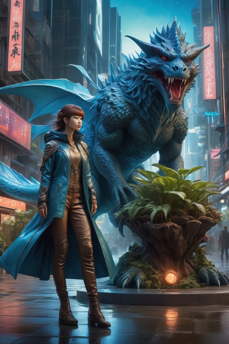 (best quality,4k,highres),(realistic,photorealistic:1.37),(Yoshitaka Amano style:1.1), A nordic woman and her guardian familiar, mystical creature,otherworldly creature,kaiju-like,enchanting companions,wearing stylish futuristic clothes,inspired by Phantasy Star Online, dynamic poses, (The woman, with her eyes brightly colored, no makeup and her nordic facial features elegantly detailed, adding to her allure. Dressed in elegant casual clothes with a stylish futuristic jacket.), (She is accompanied by a guardian, a digital devil with exquisite anatomical features resembling a cosmic horror and kaiju mixed creature. The creature's presence adds a sense of wonder and magic to the scene.),(The creature have four eyes), (The woman and her companion stand in a dark and bustling city, a modern metropolis with exotic plants, and vibrant signs. The colors are vibrant, with a mixture of blues, browns, and pale reds creating a dreamlike atmosphere.), (The lighting is soft but illuminating, casting a gentle glow on both the woman and the creature.), (The overall composition has a realistic and photorealistic quality, capturing the essence of the scene in intricate detail.), (The art style is inspired by Yoshitaka Amano, known for his ethereal and otherworldly illustrations. The combination of realistic elements with the artist's unique style creates a captivating and visually stunning image.),greg rutkowski