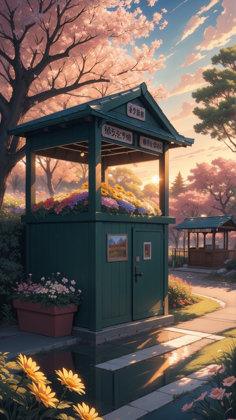 (, Masterpiece, hyper detailed,), detailed anime style, large kiosk on the corner of an intersection, trees and flowers on foreground, sunset slow beautiful movie atmosphere, 8k, ultra beautiful, detailed, detailed anime style. ,photorealistic