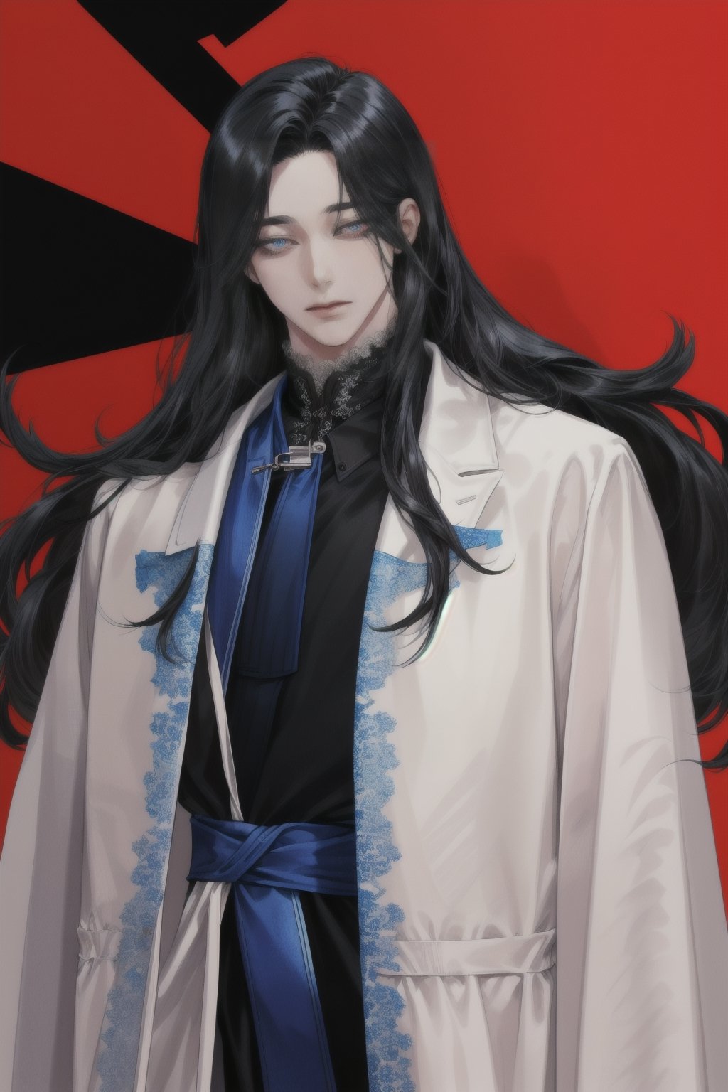 a man with long black hair with white tips, blue right eye, red left eye, 1.80 cm tall