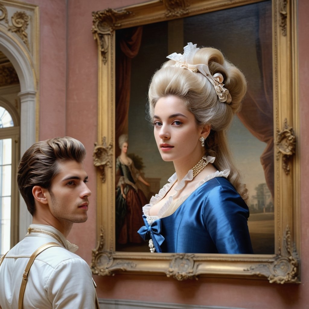 (photorealistic),  (masterpiece:1.5),  beautiful lighting,  best quality,  realistic,  real image,  intricate details, (Envision a handsome young man, Lorenzo Zurzolo, admiring a vast portrait of Marie Antoinette in a deserted Parisian museum. Capture this scene with a touch of elegance and detail it in the style of realism), 4k ultra hd ,Extremely Realistic,aesthetic portrait 