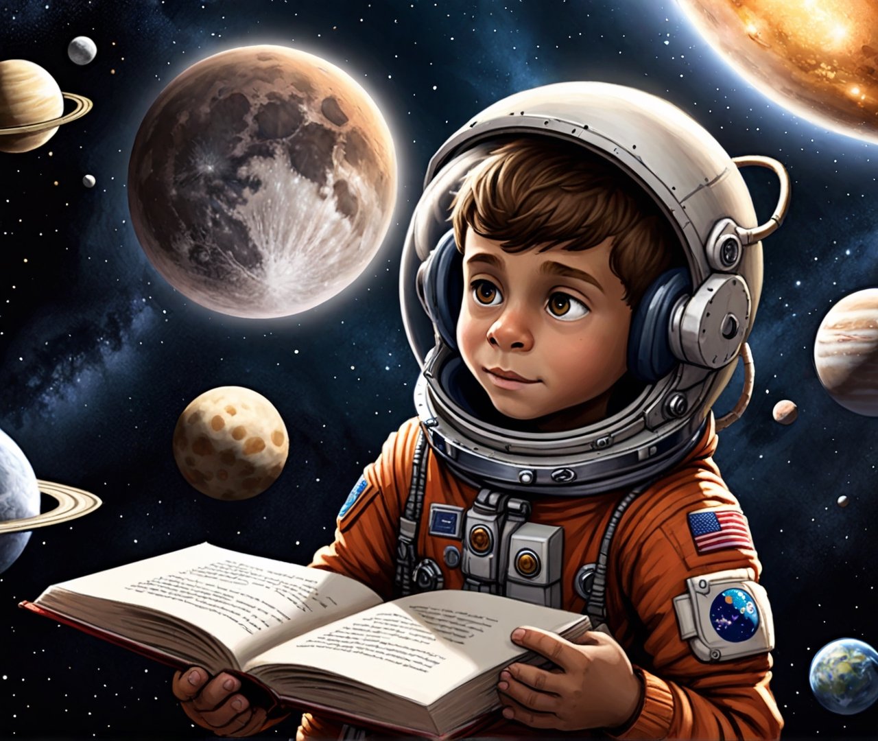 
I NEED YOU TO CREATE IMAGES FOR A 10-PAGE BOOK ABOUT A BOY IN SPACE
