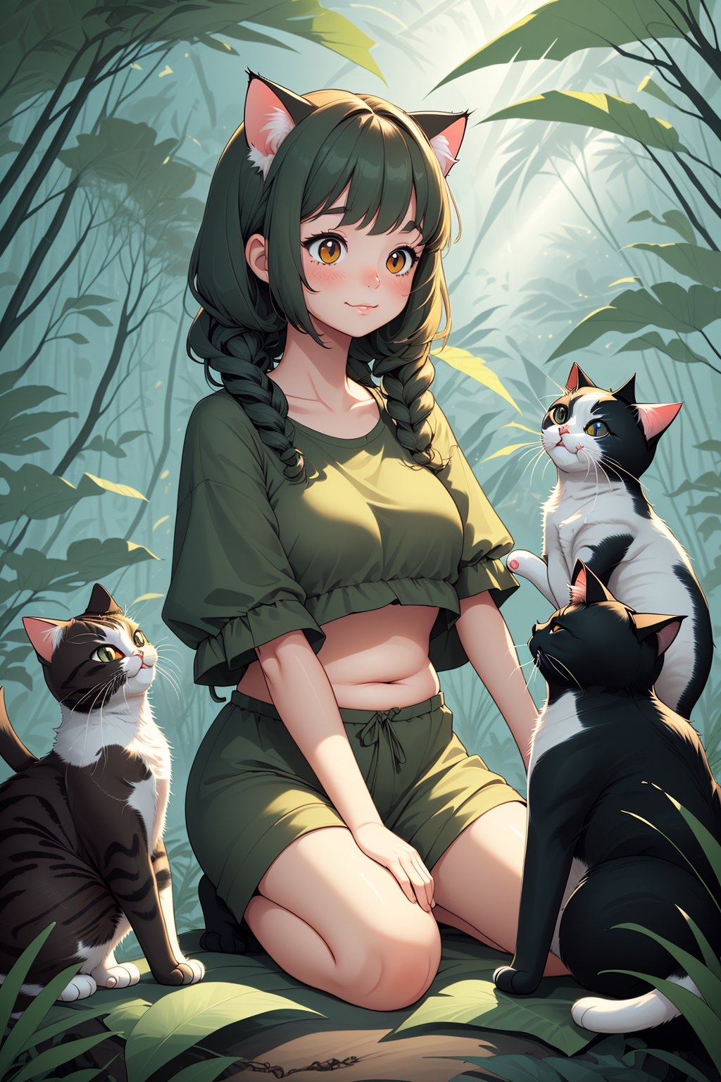a girl with many cute fatb cats in the jungle