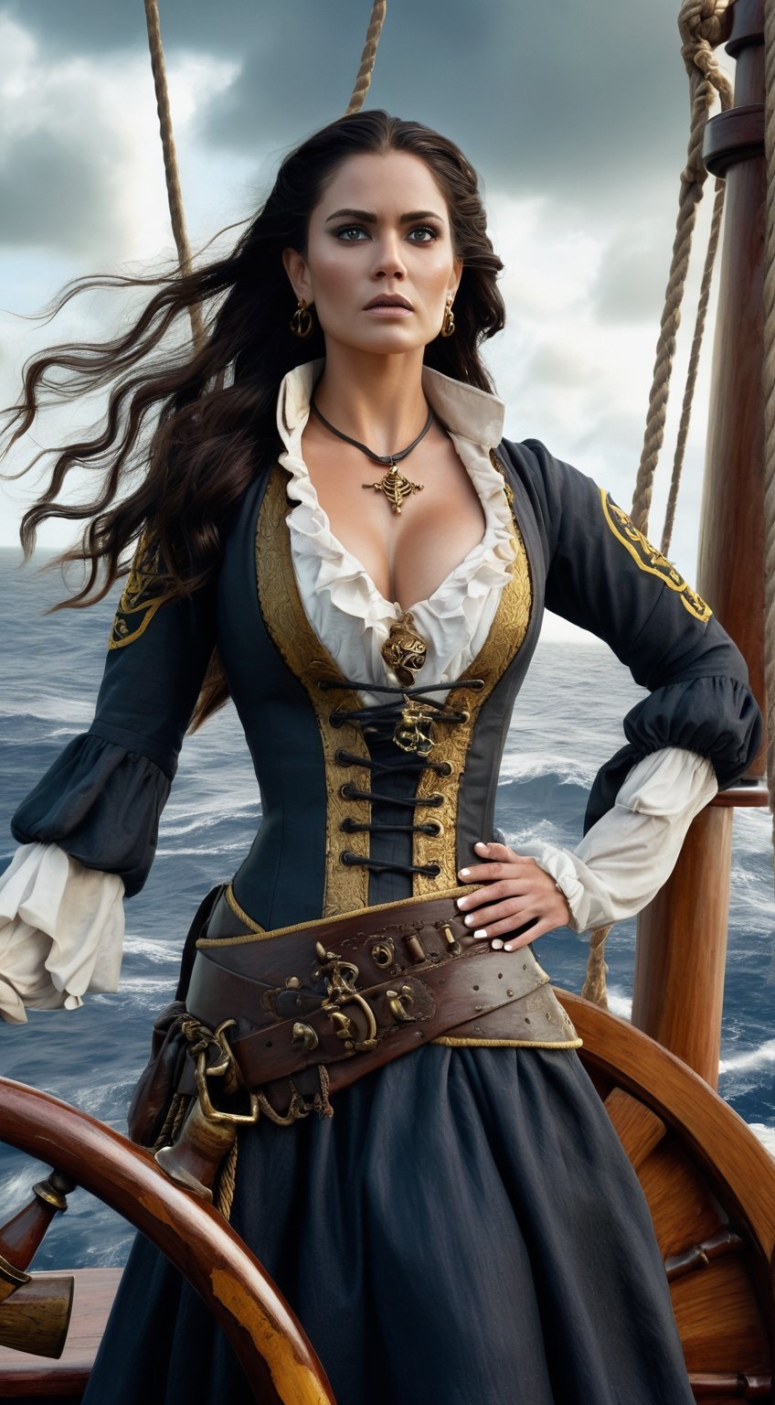 A beautiful woman with long, dark hair, wearing an elegant pirate outfit adorned with golden details, stands on the deck of a majestic pirate ship. Her eyes reflect determination as she confidently steers the helm, directing the vessel towards a mysterious portal shimmering brightly on the horizon. The ship is surrounded by choppy waves, and the sky is filled with dark clouds, yet the woman exhibits a bold serenity as she sails into the unknown. The ship is decorated with skulls and tattered sails, giving a sense of adventure and danger. {{The ship appears ancient yet sturdy}}, {{woman with a determined expression}}, {{bright portal on the horizon}}. ((every detail of the body is perfectly designed)), ((professional image)), ((image with intricate details)), ((high-quality image)), ((wide view))