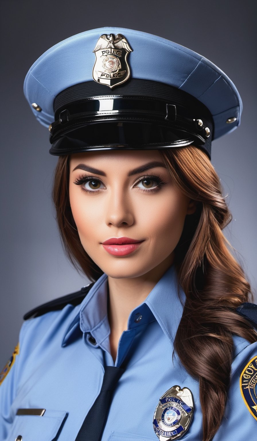 A beautiful woman, wearing a police uniform, the beautiful woman should be a realistic model, dressed in an authentic police uniform, the photograph should have a clear composition and focus on the woman, the resolution of the image should be high enough to show all the details clearly. (((professional image))), (((high image quality))), (((wide view))).
