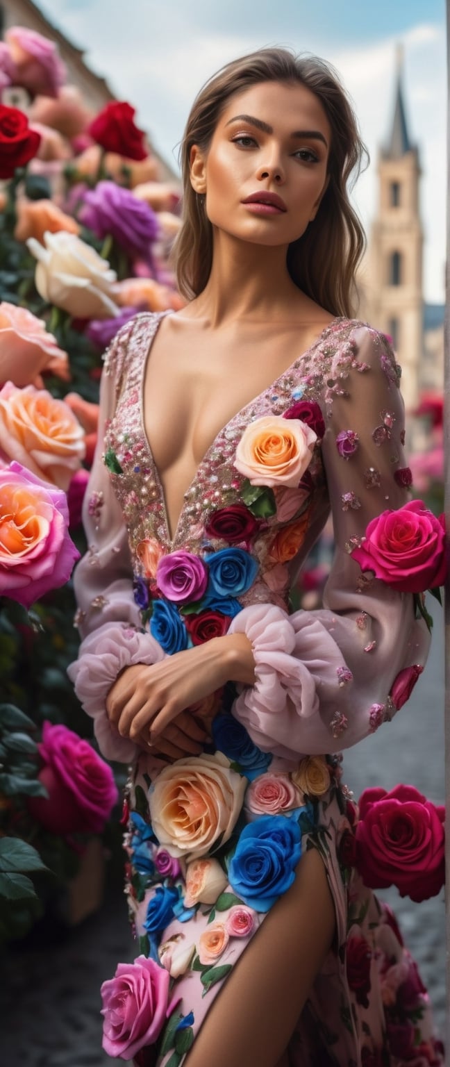 BEAUTIFUL WOMAN, MADE UP, WITH ELEGANT CLOTHES, WALKS IN A CITY OF FLOWERS AND GIANT ROSES, SHE IS DAZZLED BY EVERY COLOR OF PETALS THAT EACH ROSE AND FLOWER HAS, PROFESSIONAL LIGHTS AND LIGHTING, IMAGE OF INTRICATE DETAILS, HIGH VISUAL QUALITY IMAGE, A LOT OF IMAGINATION IN DETAIL, photo, wildlife photography