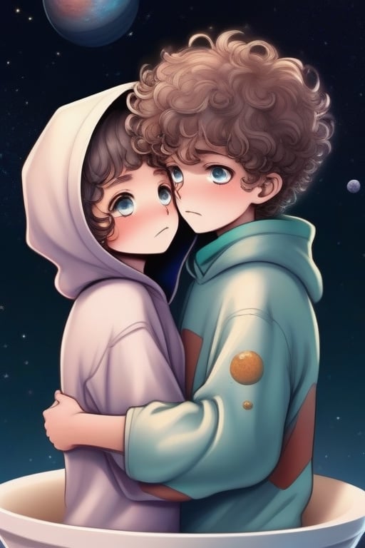 A visual about the embrace of two human coming out of a bowl traveling between planets. Two human who miss each other very much have a key in their hands. And lovely hold hand
Boy and girl : he have a hoddie write  keep calm everything ok
Girl:short hair curly hair,lovely eyes 
Boy:short hair ,lovely eyes
