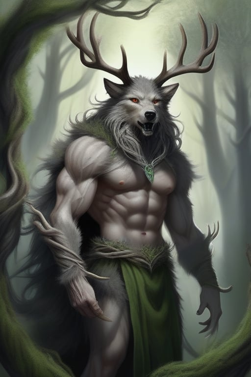 God of nature. Strong werewolf man. Tall, majestic, intricate elk antlers with lots of branches that intertwine at the top on his head with vines intertwined. Brown eyes. Long flowing grey hair. Treebark bracers. Green clothing and accessories. Covered in grey fur like a wolf. Trees in background.