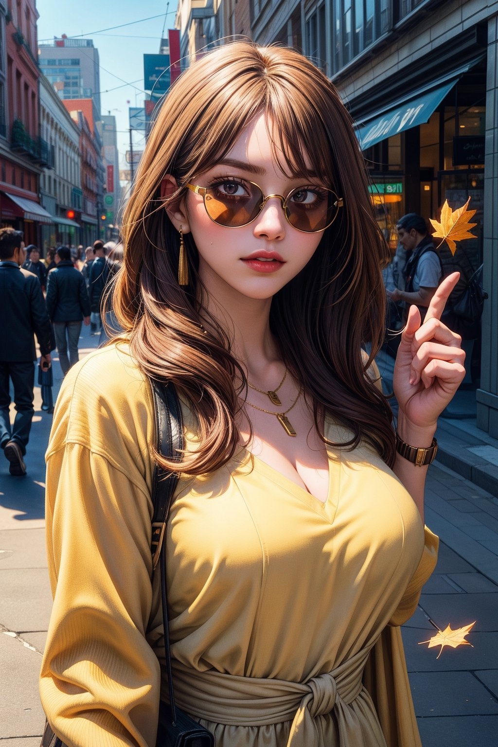 masterpiece,highres, highest quality,intricate detail,best texture,realistic,8k,soft light,perfect shadow, sunny,modern city,crowding street,stores,shopping,falling leaf, portrait,erjie,1girl,fasion,big gold necklace,famous watch, cigar,sunglasses,thumb up,walking,Luxury, street shot,