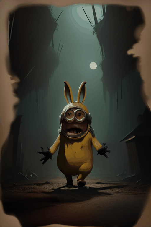 Minions Teletubbies evil bunnies in a lost adventure film footage in liminal spaces with creatures no one has seen before, scary, faded, sepia, scratchy dirty torn film, professional ominous concept art, an intricate, elegant, highly detailed digital painting, concept art, smooth, sharp focus, illustration