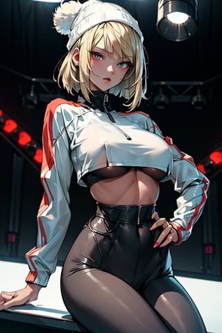 (masterpiece, best quality), 1lady, milf
(short Track jacket), high-waist leggings, cropped top, (underboob:1.15), beanie, High Sneakers
blonde bob cut, big breasts
in studio, white backgroud, hands in pocket, (from front:1.2), looking at viewer, sit
