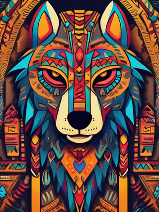 A symble of African totem, (wolf), magical creature, ((tribal art)), ((folklore)), vibrant colour, intricately detailed, the design incorporates geometric patterns and (bold linework) to create a striking and powerful composition, dark background, 8k,screen photo of iphone, (no central symmetry), high_res, masterpiece