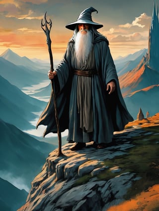 (Gandalf grey robe stands on the edge of a cliff in the foreground, with a wide wizard hat), epic scene, irregular mountain range, (80s poster, Vintage poster), clouds, (dawn), ((huge army under the mountain)), ((Lord of the Rings)) movie, ultra-high definition, cinematic quality, masterpiece, high_res, extremely detailed, (bright), (((Dark Tower of Sauron)))