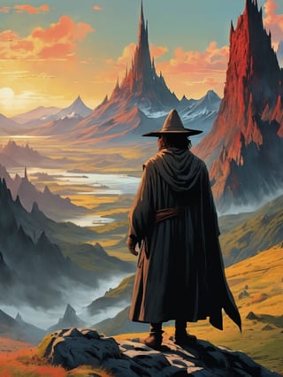 In the foreground of the image, a wizard in a grey robe stands on the edge of a cliff, with a wide wizard hat, next to him stands a short hobbit with curly red hair, epic scene, irregular mountain range, 80s poster, Vintage poster, clouds, (dawn), (huge army under the mountain), ((Lord of the Rings)) movie, ultra-high definition, cinematic quality, masterpiece, high_res, extremely detailed, (bright), (behind the mountain the sky is gloomy where is Dark Tower of Sauron)