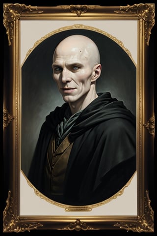 masterpiece, (Lord Voldemort), no hair, pale_skin, ((no nose)), black robe, lighting effect, evil smile, best quality, oil painting style, golden frame