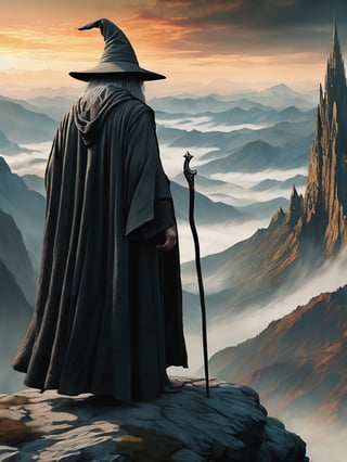 (Gandalf grey robe stands on the edge of a cliff in the foreground, with a wide wizard hat), epic scene, irregular mountain range, (80s poster, Vintage poster), clouds, (dawn), ((huge army under the mountain)), ((Lord of the Rings)) movie, ultra-high definition, cinematic quality, masterpiece, high_res, extremely detailed, (bright), (((Dark Tower of Sauron)))