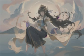 female, full body, Chinese goddess, (floating black long hair, adorned with golden hair accessories), (blue silk robe covers the full body, robe floating in the air, ribbons flutter in the wind), (clouds surround her, with a background of river waters and undulating mountains), the scene is lush with greenery and trees, boasting an unimaginable ethereal beauty, surrealism, dreamy, with a palette of vibrant colors and soft tones,  mystic, slightly foggy, exuding a peaceful ambiance, (dynamic_pose:1.2),(masterpiece:1.2), (best quality, highest quality), (ultra detailed), (8k, 4k, intricate), (50mm), (highly detailed:1.2),(detailed face:1.2), detailed_eyes,(gradients), (ambient light:1.3), (cinematic composition:1.3), (HDR:1)