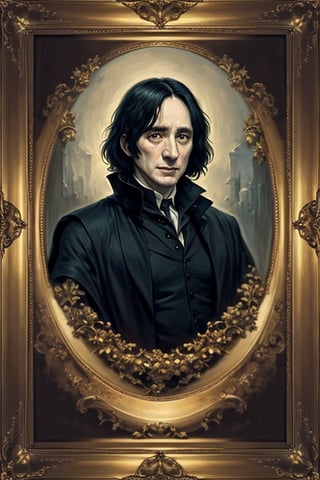 masterpiece, (Severus Snape), black mid-long hair, mid-aged man, best quality, oil painting style, golden frame