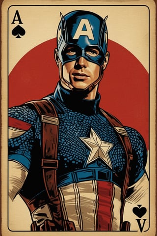 vintage poster styled Playing cards, film still of Chris Evans as Captain America from Avengers,photorealistic, high_res, masterpiece