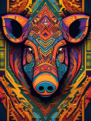 A symble of African totem, (wild boar), magical creature, ((tribal art)), ((folklore)), vibrant colour, intricately detailed, the design incorporates geometric patterns and (bold linework) to create a striking and powerful composition, dark background, 8k,screen photo of iphone, (no central symmetry), high_res, masterpiece