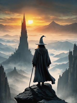 (Gandalf grey robe stands on the edge of a cliff in the foreground, with a wide wizard hat), epic scene, irregular mountain range, (80s poster, Vintage poster), clouds, (dawn), ((huge army under the mountain)), ((Lord of the Rings)) movie, ultra-high definition, cinematic quality, masterpiece, high_res, extremely detailed, (bright), (((Dark Tower of Sauron)))