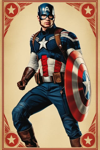 vintage poster style, (Playing cards), film still of Chris Evans as Captain America from Avengers movie, photorealistic, high_res, masterpiece