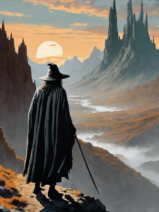 (Gandalf grey robe stands on the edge of a cliff in the foreground, with a wide wizard hat), epic scene, irregular mountain range, (80s poster, Vintage poster), clouds, (dawn), ((huge army under the mountain)), ((Lord of the Rings)) movie, ultra-high definition, cinematic quality, masterpiece, high_res, extremely detailed, (bright), ((behind the mountain the sky is gloomy where is Dark Tower of Sauron))