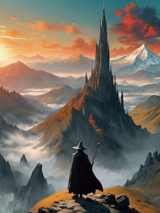 In the foreground of the image, a wizard in a grey robe stands on the edge of a cliff, with a wide wizard hat, next to him stands a short hobbit with curly red hair, epic scene, irregular mountain range, 80s poster, Vintage poster, clouds, (dawn), (huge army under the mountain), ((Lord of the Rings)) movie, ultra-high definition, cinematic quality, masterpiece, high_res, extremely detailed, (bright), (behind the mountain the sky is gloomy where is Dark Tower of Sauron)
