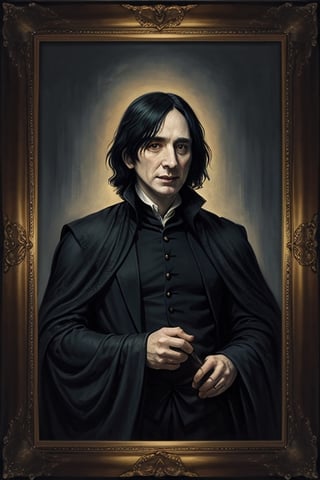 masterpiece, (Severus Snape), black mid-long hair, man, best quality, oil painting style, golden frame