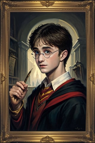 masterpiece, (Harry Potter), young man, best quality, oil painting style, golden frame