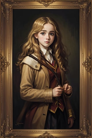 masterpiece, (Hermione Granger), blonde hair, young female, best quality, oil painting style, golden frame