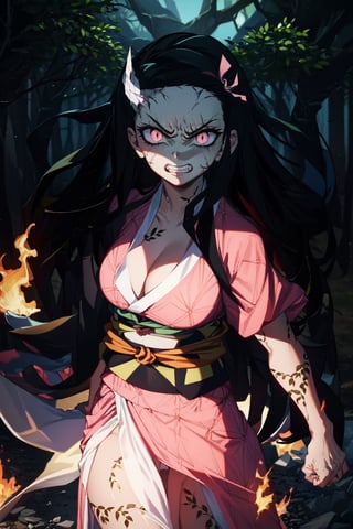 Kamado_Nezuko, 1girl, solo, looking_at_viewer, teeth, orange_hair, slit_pupils, clenched_teeth, angry, veins, asa_no_ha_\(pattern\), checkered_sash, fire, forest