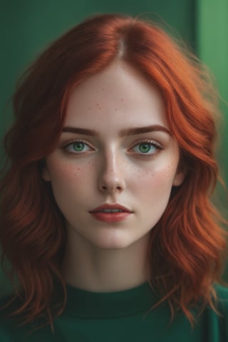 raw realistic potarait of beautiful girlA short, petite frame. Hair so red and wavy falling just past her shoulders, surrounding a circular face with softness, light freckles on her nose, naturally arched red eyebrows over bright green eyes that looked almost blue in some lights., indoor background grainy cinematic, godlyphoto r3al,detailmaster2,aesthetic portrait, cinematic colors, earthy , moody, look , grainy cinematic, fantasy vibes godlyphoto r3al,detailmaster2,aesthetic portrait, cinematic colors, earthy 