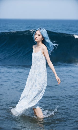 xxmixgirl,1girl,solo,light_blue_hair,liquid hair, long hair,floating hair, full body, standing,sundress, liquid clothes, water,waves, tsunami,tide,sea,water dress,