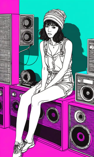 xxmix,Silhouette of frightened woman hiding in a 1980's radio station, neon light, in the style of coloring book comic, full body, raw hand drawn style