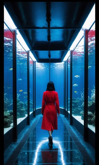 xxmixgirl,woman walking through an aquarium tunnel,dark theme,blue and red