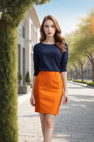 masterpiece, RAW photo, best quality, photorealistic, 1girl,outdoors, ss pencil skirt,orange pencil skirt, best quality,masterpiece,an extremely delicate and beautiful