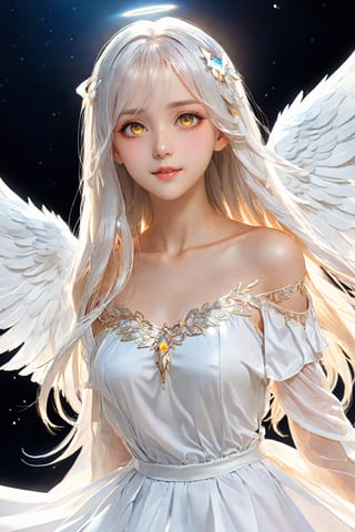 {{best quality}}, {{masterpiece}}, {{ultra-detailed}}, {illustration}, {detailed light}, {an extremely delicate and beautiful}, {beautiful detailed eyes}, {sunlight}, {{extremely light}}, {{extremely clothes}}, {{{Holy Light}}}, dynamic angle, a girl, {{angel}}, solo, {{{loli}}}, Light particle, very_long_hair, white_hair, yellow_eyes, {{glowing eyes}}, {{{expressionless}}}, [[light_smile]], [[[[white Tulle skirt]]]], {white silk}, looking_at_viewer, {{{{angel_wings}}}}, {{large_wings}}, multiple_wings, {angel_halo}, [[[starry sky]]], {{dusk_sky}}, {{Floating light spot}}, {{Lots of feathers}}