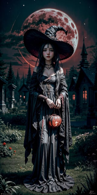 A hauntingly beautiful illustration of a witch standing in a spooky graveyard under a blood-red moon. witch hat, The scene should be cinematic with Jack-o-lantern shining. The witch should be portrayed with fine details and realistic shading. The artwork should be in a high resolution and digitally painted by renowned artists like Luis Royo and Jasmine Becket-Griffith. The overall composition should evoke a sense of mystery and enchantment., no humans,bul4n