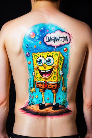 colorful Tattoo of spongebob with text "imagination", on the back of someone,bl4ckl1ghtxl