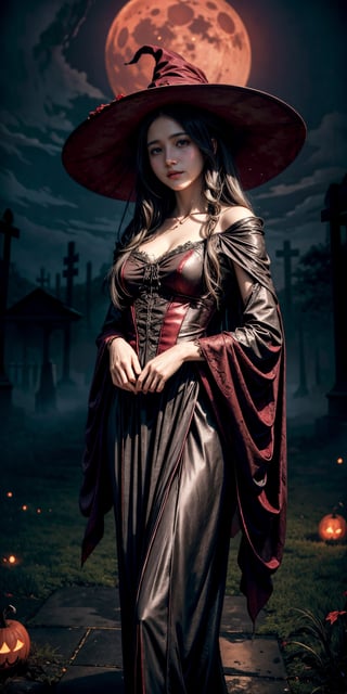 A hauntingly beautiful illustration of a witch standing in a spooky graveyard under a blood-red moon. witch hat, The scene should be cinematic with Jack-o-lantern shining. The witch should be portrayed with fine details and realistic shading. The artwork should be in a high resolution and digitally painted by renowned artists like Luis Royo and Jasmine Becket-Griffith. The overall composition should evoke a sense of mystery and enchantment.,bul4n