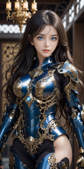 beautiful Anime girl with blue eyes and wavy long hair, front_view, (1girl, looking at viewer), black long hair, mechanical_armor, intricate armor, delicate golden filigree, intricate filigree, black metalic parts, detailed part, dynamic pose, abstrac background, dynamic lighting,robot,LinkGirl