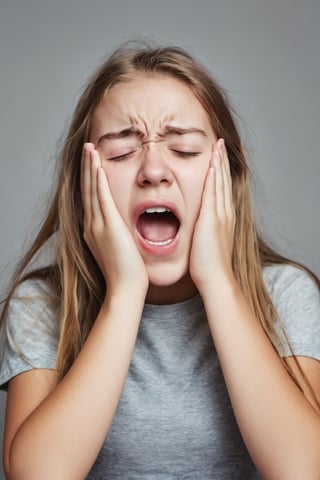 Portrait Photo screaming in pain, teenager girl, with closed eyes, beginner, super high resolution, laica chrose, upset