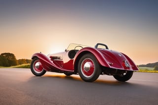 Photo of a Car, inspired by Thomas Häfner, roadster, summer setting, crimson, rays, silver crown, sundown, tail, foam